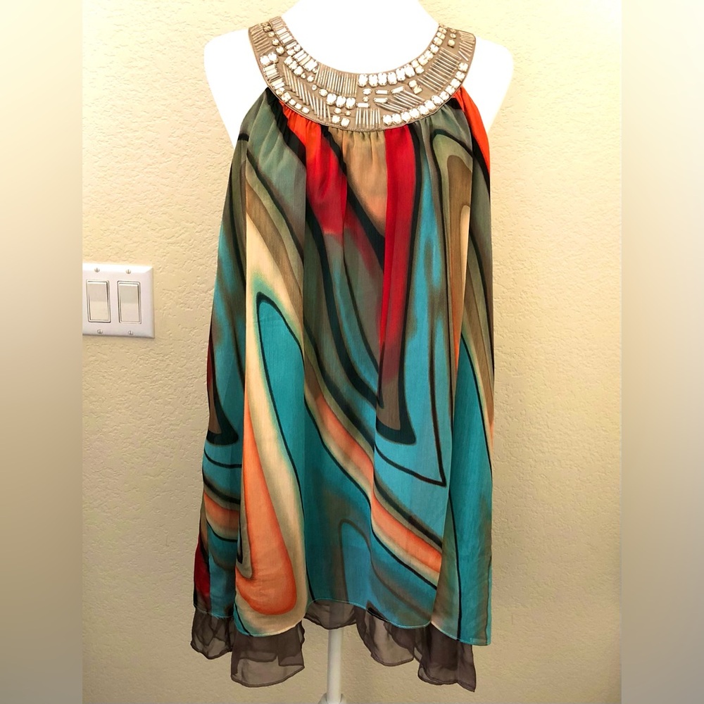 Lapis Teal and Orange Patterned Dress with Very Embellished Neckline